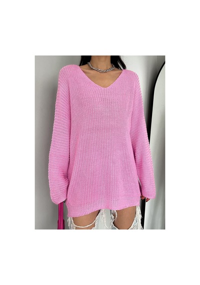 Fiolin Kadın Pembe V Yaka Selanik Örgü Oversize Triko Kazak