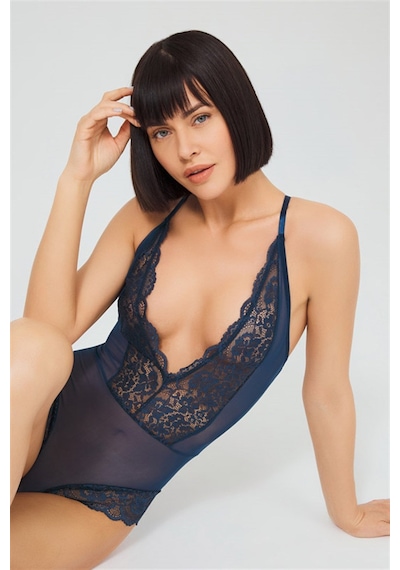 Cottonhill Petrol Yeşili Çıtçıtlı Dantel Transparan Sırt Çapraz İpli Bodysuit P.yeşili