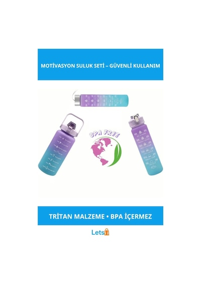 Motivasyonel Su Matarası Seti 300ml, 750ml Ve 2000ml Renkli Tritan Çok Renkli