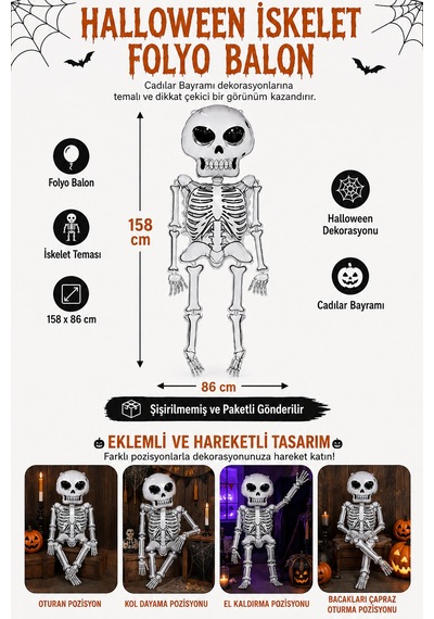 Halloween Folyo Balon İskelet 158x86 Cm Cadılar Bayramı Parti Süsü Büyük Boy Dekorasyon Balonu Çok Renkli