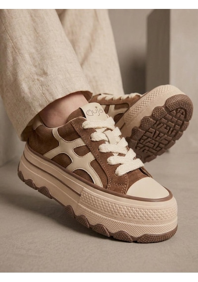 Guja 26k366 Kadın Hakiki Deri Bağcıklı Kalın Taban Sneaker Ayakkabı Camel