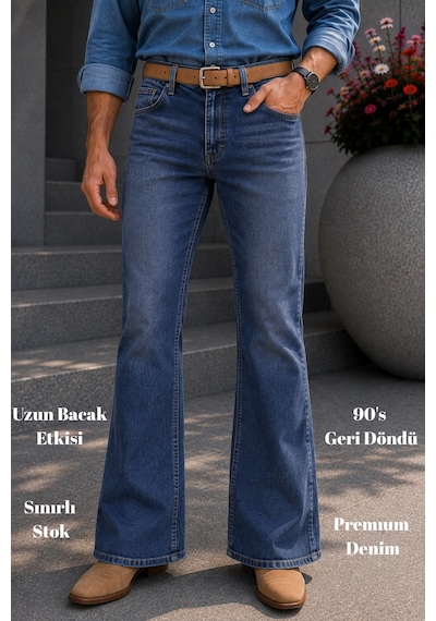 Cedy Denim Cedy Denım Premium Seri: Erkek Retro Flare Bootcut Jean - Geniş Paça Taşlanmış Denim Pantolon C370 Açık Mavi