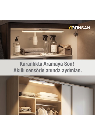 Günsan Şarjlı Mıknatıslı Hareket Sensörlü Led Lamba - Dolap İçi, Mutfak, Kitaplık, Tezgah Altı Aydınlatma - 3 Renk Modu - Dim Edilebilir - Işık Hafızalı Çok Renkli