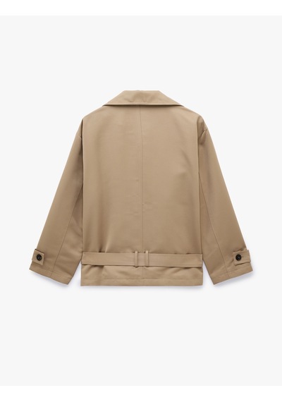 Koton Uzun Kollu Cepli Kemerli Düğmeli Kruvaze Dik Yaka Gabardin Kısa Oversize Trençkot Vizon 7wak00157ew