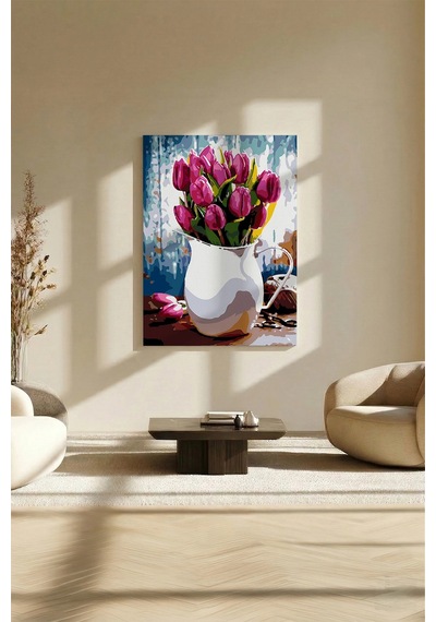Sayılarla Boyama Seti 40 x 50 CM Tuval Şasesine Gerili Beyaz Vazodaki Kırmızı Laleler