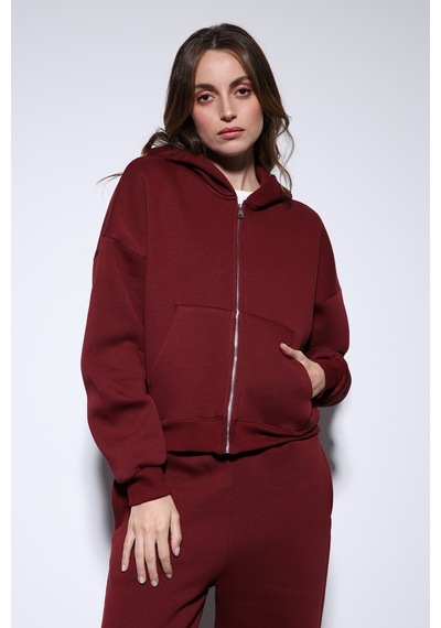 Antioch Fermuarlı Kapüşonlu Kadın Sweatshirt Bordo
