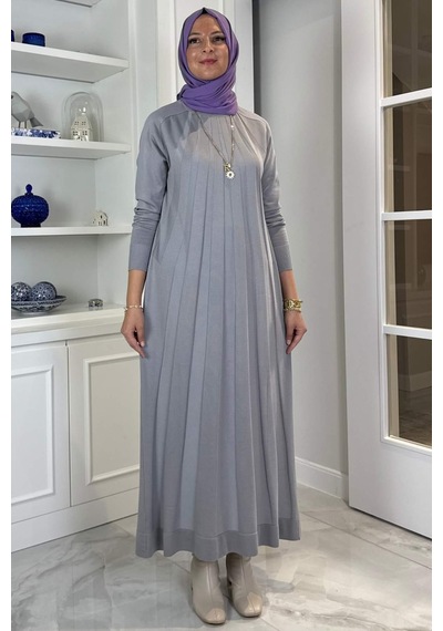 Rabia Şamlı Beyza Fitilli Triko Elbise Gri Normal