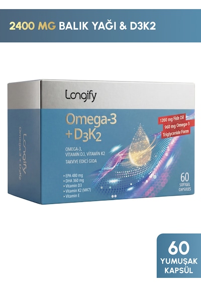 Omega 3 + D3k2, Balık Yağı, Epa, Dha, Vitamin D3, Vitamin K2 Mk7 , Vitamin E, 60 Yumuşak Kapsül