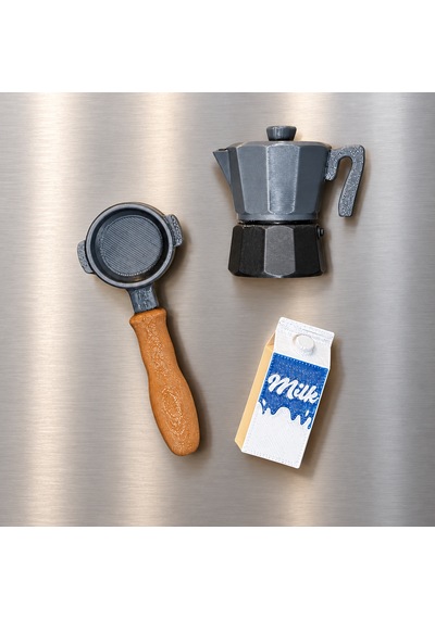 Coffee Lovers 3'lü Kahve Temalı Dekoratif Magnet Seti Moka Pot Portafilter Süt Kutusu