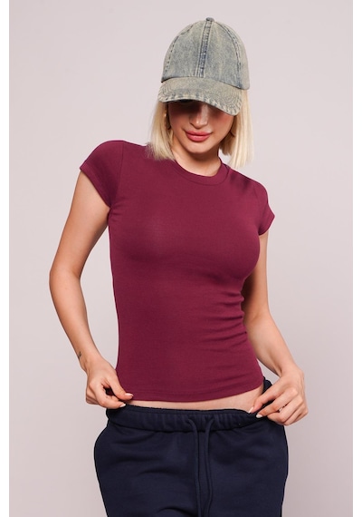 Bordo Bisiklet Yaka Basic Kadın T-shirt Mg2479 Bordo