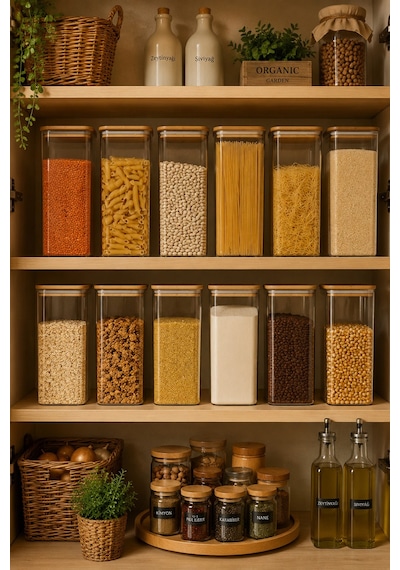 Porsima 7-3 Bambu Vakumlu Kapaklı Kare Borsilikat Cam 6lı Kavanoz Seti Saklama Kabı 1900ml 9,5x27cm Ahşap - Şeffaf
