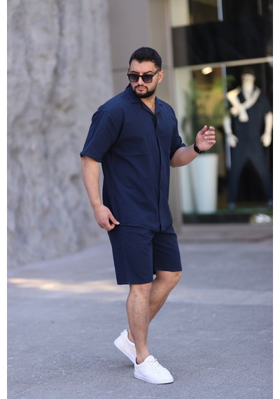 Çağla Yeşili Renk Gömlek Şort Erkek Keten Takım Oversize Kalıp Lacivert