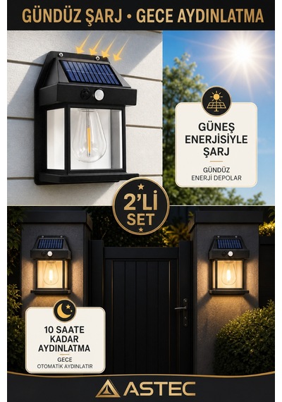 Astec Solar Hareket Sensörlü Duvar Lambası 20w Ip65 Güneş Enerjili Bahçe Apliği Gün Işığı 2 Adet