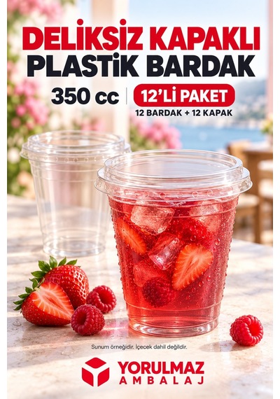 350 Cc Deliksiz Kapaklı Sızdırmaz Pet Bardak 12'li 40