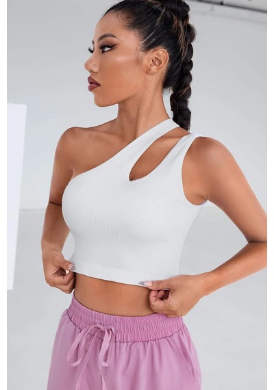 Angbutik Kadın Beyaz Tek Omuz Cut Out Detaylı Crop Top Bluz