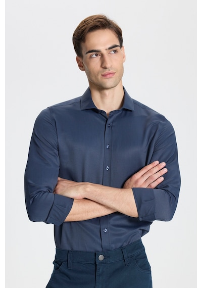 George Henry Pamuklu Oxford Slim Fit Dar Kesim İtalyan Yaka Armürlü Gömlek Lacivert