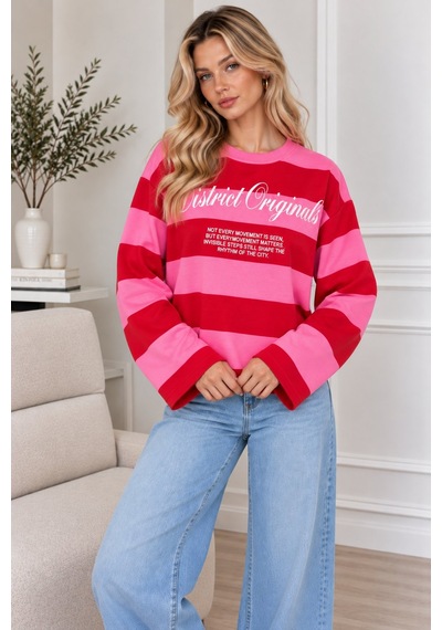Lima Fuşya Kadın Çizgili Oversize Sweatshirt Bisiklet Yaka Baskılı Uzun Kollu Sweat