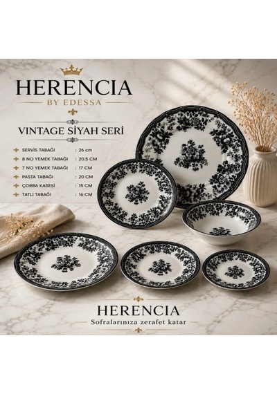 Herencia Vintage Siyah Seri Porselen Sofra Takımı Beyaz