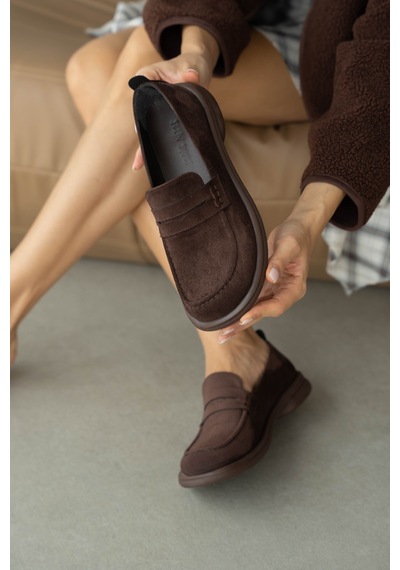 Selin Shoes Brelin Kalın Topuk Tek Bant Detay Kadın Ayakkabı- Kahve Süet Kahverengi