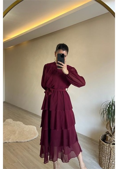 Neşeli Butik Kadın Kat Kat Volanlı Kuşaklı Midi Şifon Elbise Nm004 Bordo