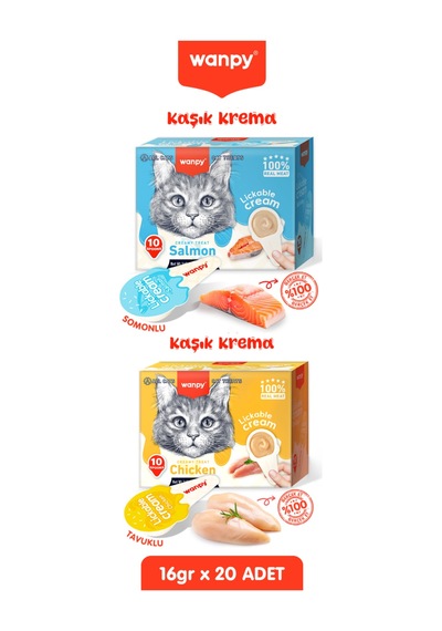 2li Set - Somonlu & Tavuklu Tahılsız Kaşıklı Kedi Ödül Kreması Kedi Ödülü 20 X 16gr