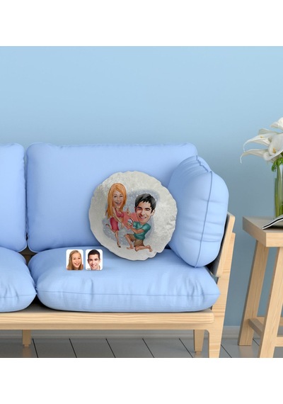 Bk Gift Kişiye Özel Sevgililer Karikatürlü Yuvarlak Dekoratif Kırlent Yastık-19 Çok Renkli