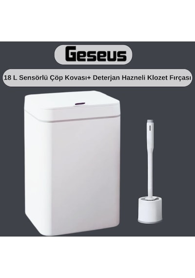 Sensörlü Otomatik Plastik Çöp Kovası 18 Litre + Deterjan Hazneli Silikon Klozet Fırçası Beyaz