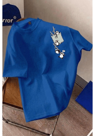 Bambu Panda Grafikli Cep Detaylı Kısa Kollu Oversize Unisex Bisiklet Yaka Tişört Sax Mavısı