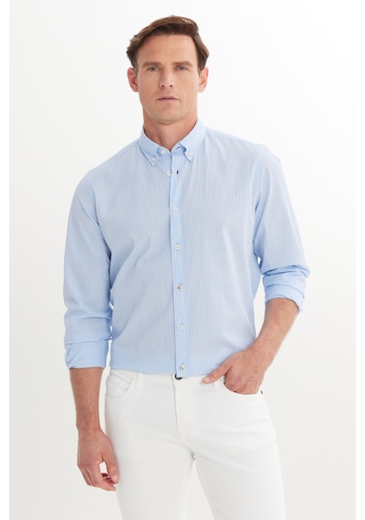 AC&Co / Altınyıldız Classics Erkek Beyaz Mavı Pamuklu Slim Fit Dar Kesim Düğmeli Yaka Kareli Gömlek Beyaz Mavı