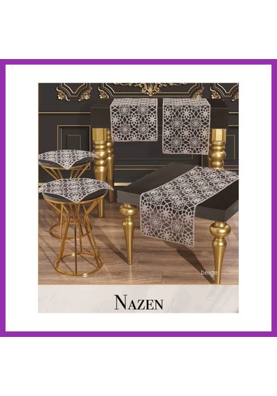 Bezos Salon Takımı Nazen Model Bej 5 Parça Tül İşlemeli Runner Seti Bty