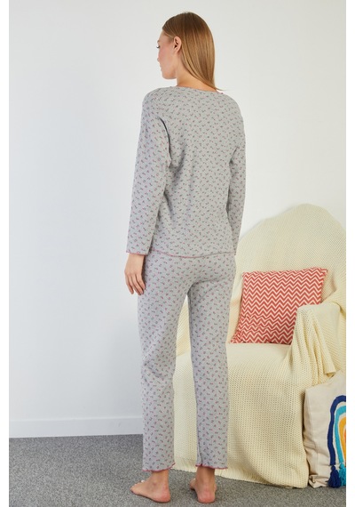 Fullamoda Çiçek Desenli V Yaka Pijama Takımı Gri