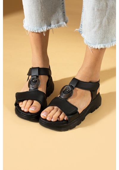 Shoetek Svetlana Kadın Sandalet Halka Tokalı Siyah Deri Siyah
