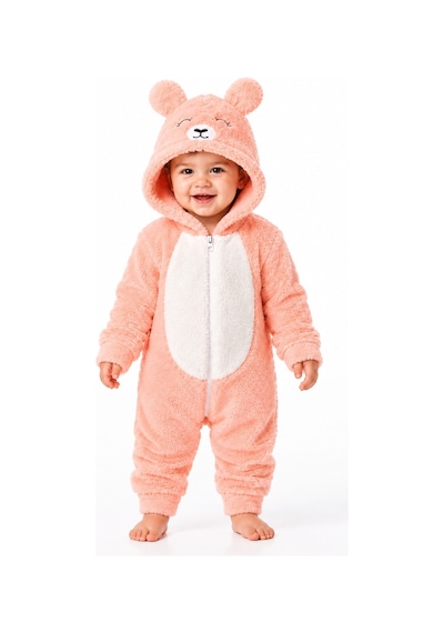 Kız Erkek Bebek Welsoft Peluş Tulum Kapüşonlu Fermuarlı Kışlık Bebek Tulumu Ayıcık Desenli Yumuşak Polar Tulum Somon