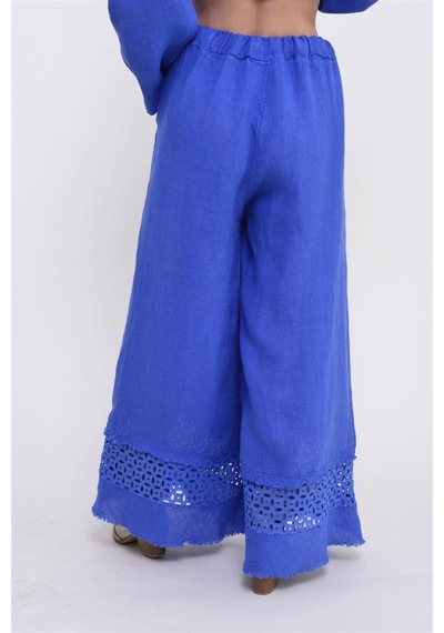 Bohem Stil İtalyan Fisto Detaylı Keten Pantolon-8748 Mavi