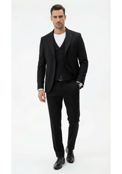 Erkek Slim Fit Takım Elbise Düz Dokulu Kırışmaya Dayanıklı Likralı Polyviskon Kumaş, Sivri Yaka, Tek Düğmeli, Çift Yır Siyah Erkek Slim Fit Takım Elbise Düz Dokulu Kırışmaya Dayanıklı Likralı Polyviskon Kumaş, Sivri Yaka, Tek Düğmeli, Çift Yır Siyah