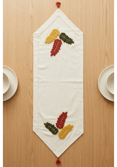 Autumn Leaf Punch Nakışlı Runner 40x130 Cm Pamuk Panama Keten Bej