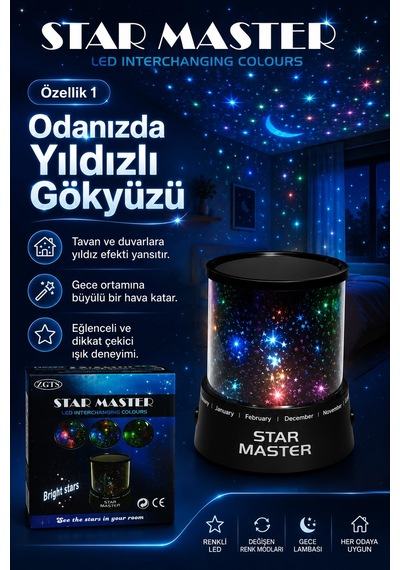 Oda İçin Yıldız Efektli Led Gece Lambası Renkli Işık Yansıtan Dekoratif Projektör Çok Renkli