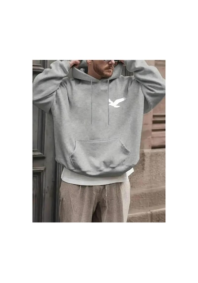Herkesemoda Göğüs Baskı Detaylı İçi Polarlı Kapüşonlu Sweatshirt Gri