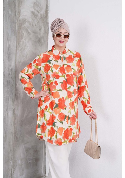 Polologin Butik Turuncu Çiçek Desenli Tunik Ve Krem Pantolon Takım Turuncu & Krem
