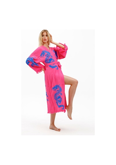 Befera Dragon Müslin Kimono Pamuklu Ejderha Baskılı Desenli Bornoz Kaftan Sabahlık Fuşya