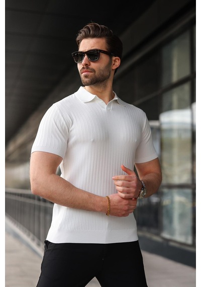 Madmext Beyaz Polo Yaka Triko Erkek Tişört E7461 Beyaz