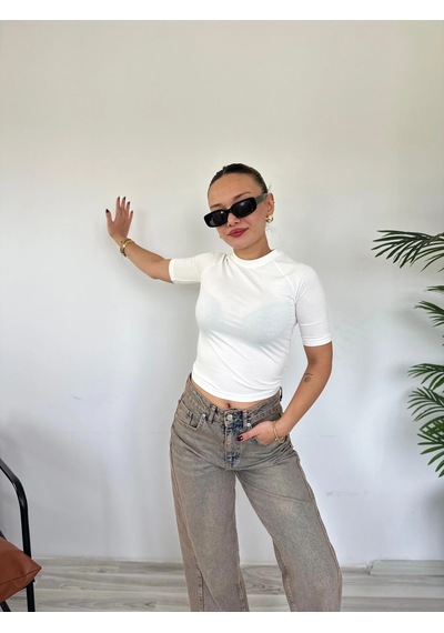 Keymoda Kadın Bisiklet Yaka Kısa Kollu Body Ekru Ekru