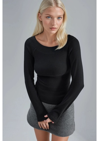 Hiccup Busem Slim Fit Fitilli Kayık Yaka Bluz Siyah