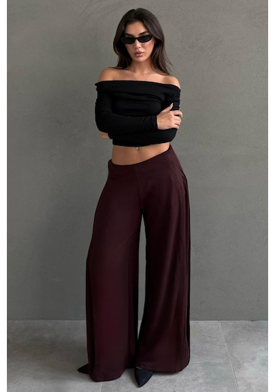Madmext Bordo Yumuşak Dokunuşlu, Yanları Pilili, Modal İçeren Geniş Paça Pantolon Mg2668 Bordo