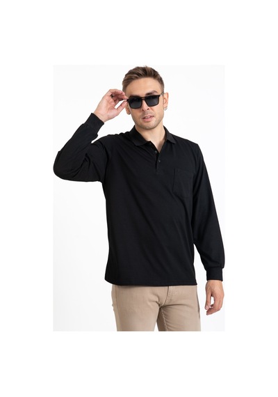 Erkek Orta Yaş ve Üzeri Polo Yaka Cepli Uzun Kollu Mevsimlik Sweatshirt 1103-Siyah-Siyah