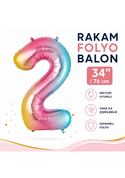 2 Rakam Folyo Balon Gökkuşağı Doğum Günü Parti Balonu 34 İnç 76 Cm Çok Renkli