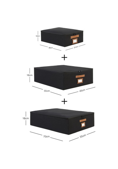 Ocean Home Textile 3'lü Siyah Renk Jüt Destekli Kutu Hurç Set 31 X 38 X 12 + 45 X 55 X 18 + 55 X 70 X 18 Cm Siyah