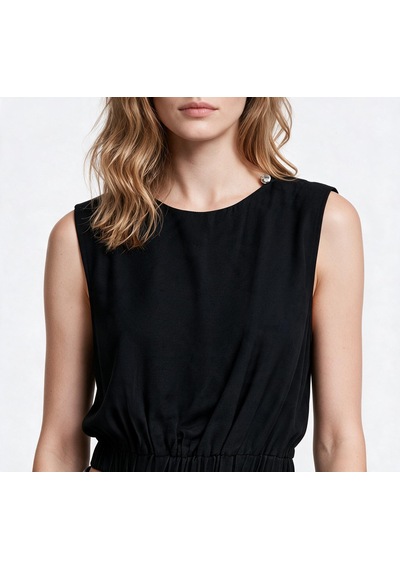 Blange Kadın Bisiklet Yaka Kolsuz Lastik Belli Crop Bluz Dökümlü Kumaş Siyah