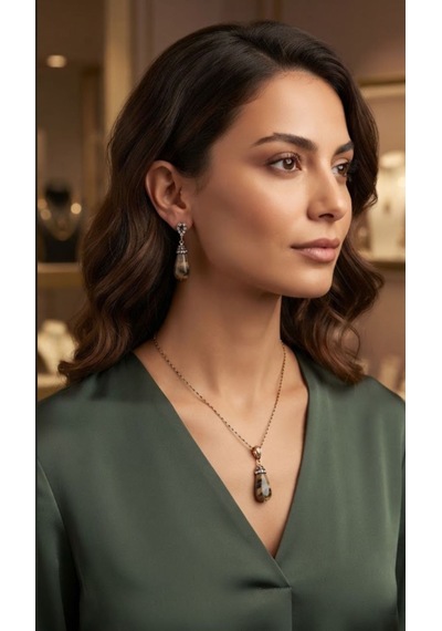 Doğal Taş Laprador Kolye Küpe Takım Set 01 Bakır