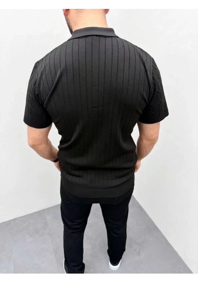 Veraura Lifestyle Erkek Yazlık Triko Saç Örgü Tişört Kısa Kol Polo Yaka Fermuarlı T-shirt - Siyah bej
